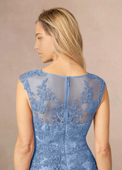 A-Line Boatneck Lace Tulle Tea Length Steel Blue formal dresses evening dress Mother of the Bride Dresses