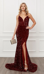 Back hollowed out burgundy sequin formal and floor length dress