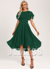 Ruffled A-line Spoon Asymmetric Chiffon Bridesmaids Dress