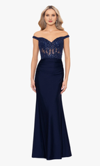 Off shoulder navy blue long bead embroidery slim side and floor length Prom dress
