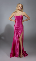Jimiss square neck thin shoulder strap with exposed back side slit and floor length evening dress