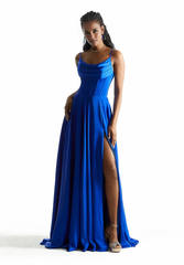 A-line hanging satin collar and floor length evening gown