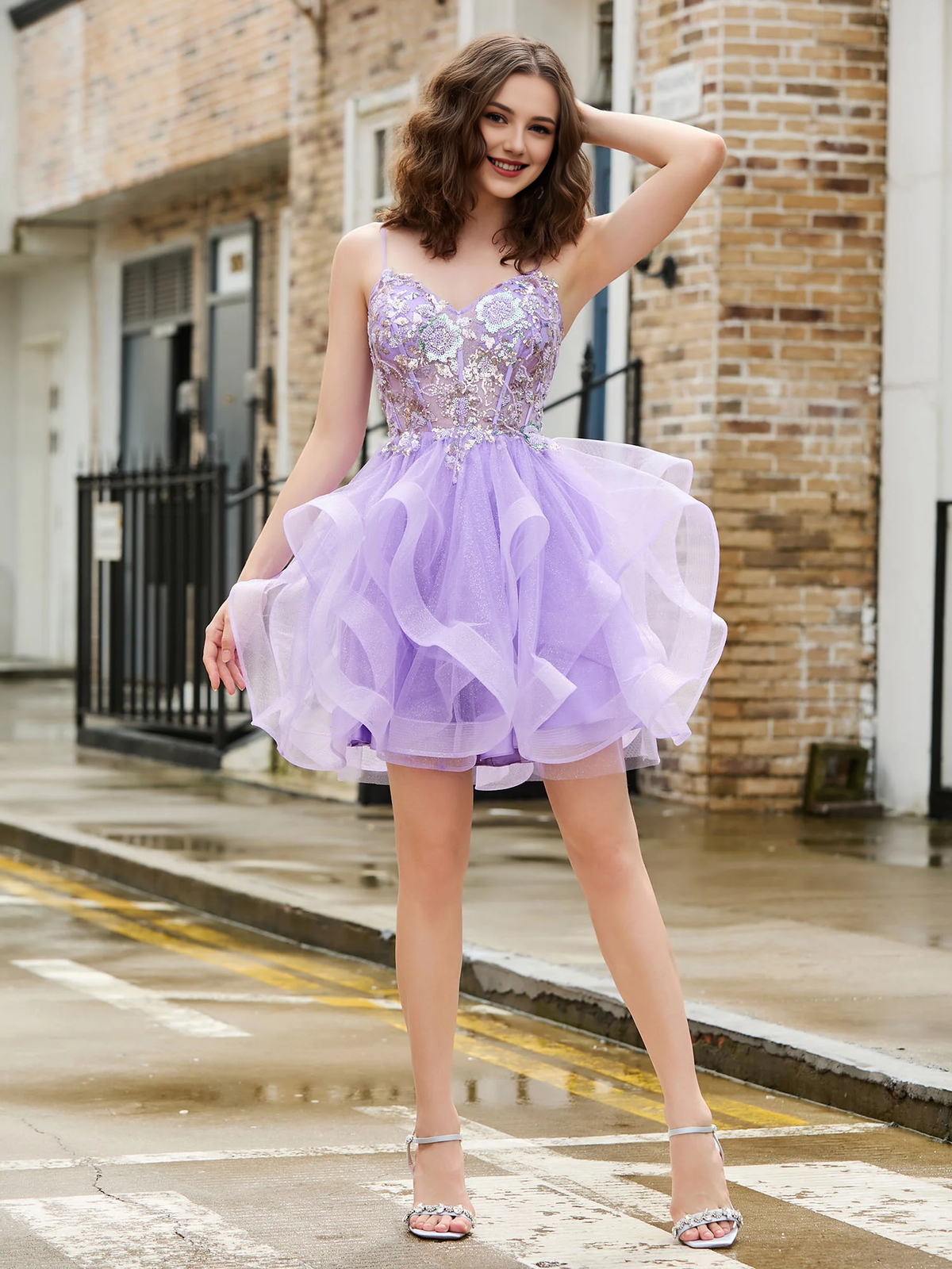 Glitter tight corset top with shimmering chiffon short Homecoming dress