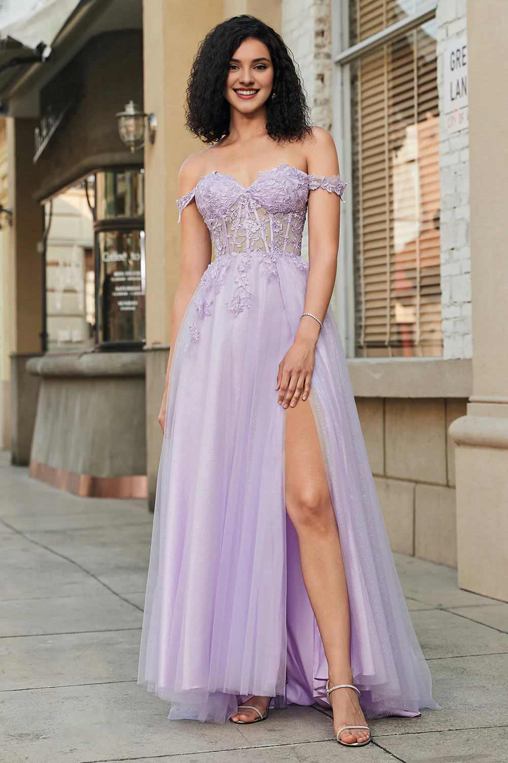 Purple A-line off shoulder lace sheer tight corset for evening dress