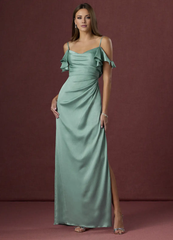 Jimiss slim shoulder strap boat collar side slit and floor length Prom dress