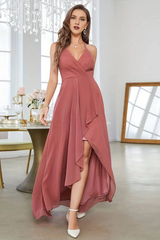 Coral A-line asymmetrical hanging neck sleeveless evening dress