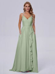 Elegant shoulder strap chiffon and floor length bridesmaid dress