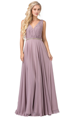 A-line sleeveless V-neck pleated body and floor length Prom dress