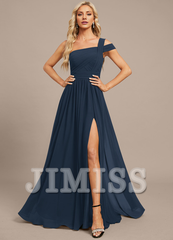 A-line off-the-shoulder one-shoulder floor-length chiffon pleated evening gown