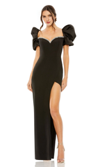 Black heart-shaped neckline short bubble sleeves side slits and floor length Prom dress