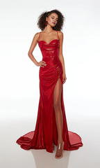 Chicken neckline tight corset with side slits and floor length Prom dress