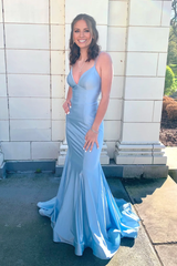 Jimiss Shoulders with Blue Satin Tail Long Dress
