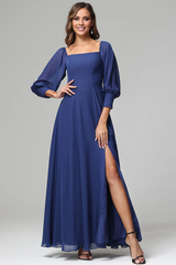 Square neck 3/4 sleeve slit chiffon and floor length bridesmaid dress