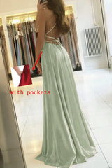 Women’s Long Satin Prom Dresses Spaghetti Straps Bridesmaid Dresses Formal Dress Ball Gowns with Slit