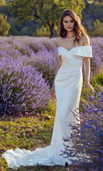 Perfect satin off shoulder straight tube backless side pleated wedding dress
