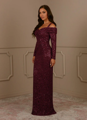 Sheath Sequins Long Sleeve Lace Cabernet formal dresses evening dress Mother of the Bride Dresses