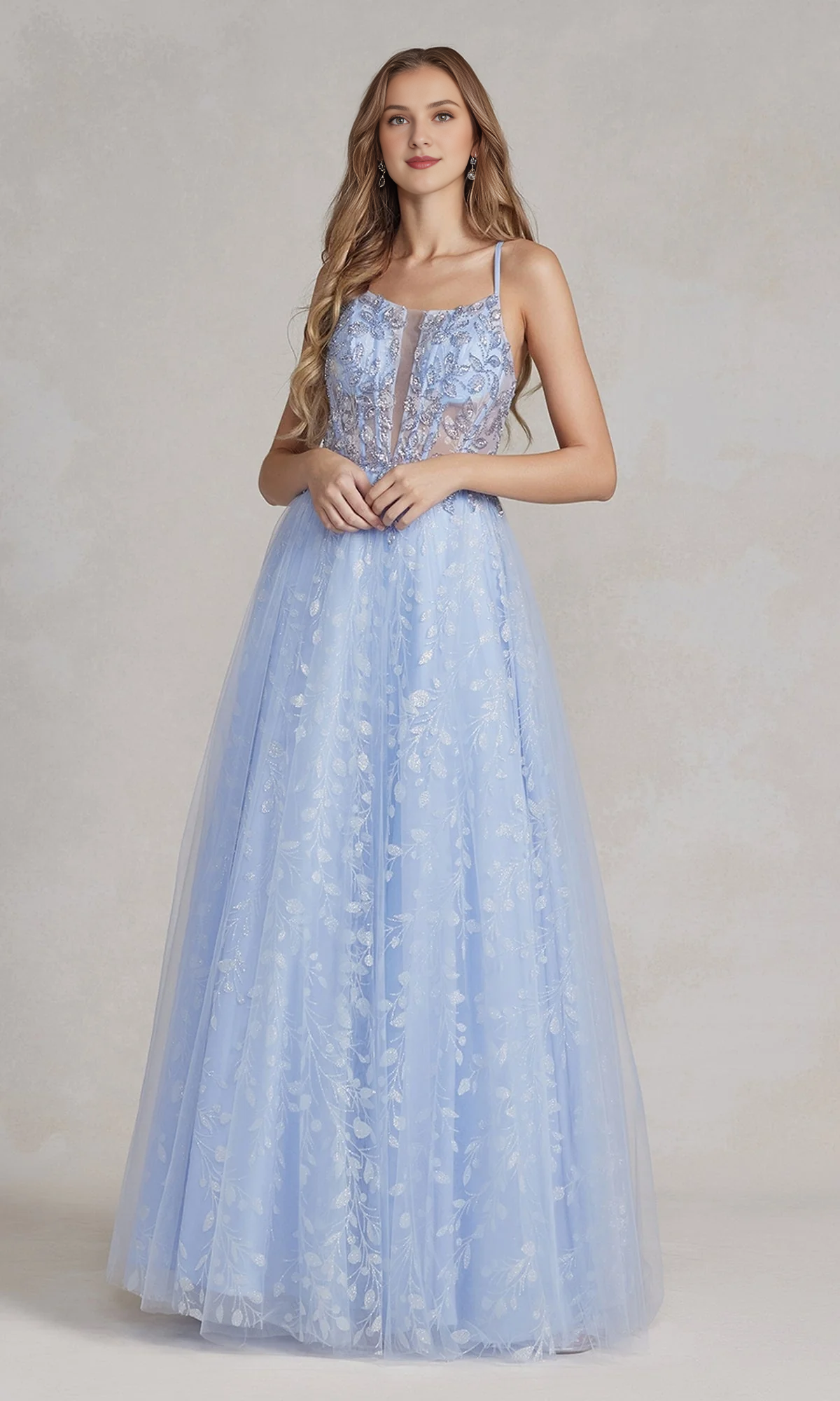 A-line V-neck transparent lace tight corset and floor length Prom dress