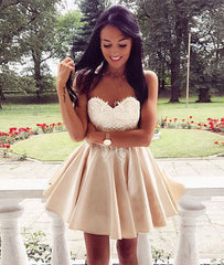 Cute champagne lace applique short prom dress, cute homecoming dress