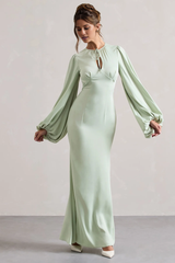 Bubble sleeve hollow round neck and floor length evening dress - Jimiss dress