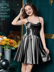Thin shoulder strap tied with  satin mini Homecoming dress
