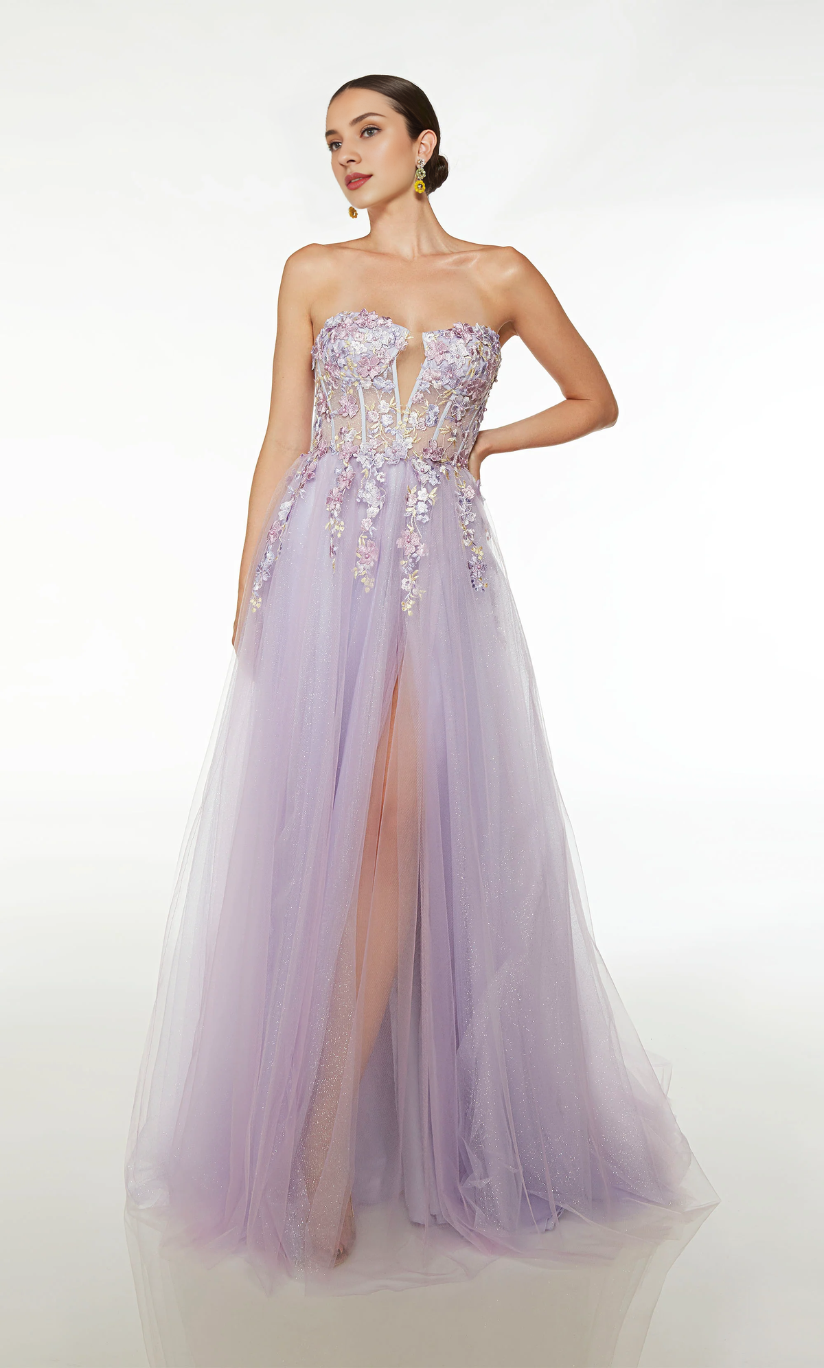 Chiffon chicken heart neckline A-line evening gown with back tie tight corset floral lace applique front slit long formal dress