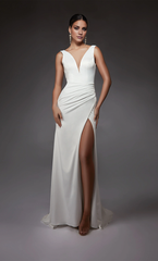 Perfect satin deep V-neck straight tube V-shaped slit satin button wedding dress