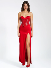 Red crystal satin tight corset with side slits for evening gowns