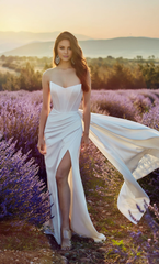 Perfect satin strapless straight tube backless tight corset with slit wedding dress