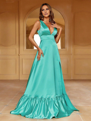 V-neck sleeveless ruffle hem with side slit and floor length Prom Dress - LD Dress