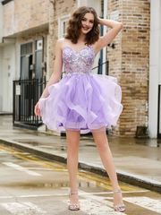 Glitter tight corset top with shimmering chiffon short Homecoming dress