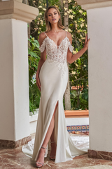 Deep V-neck handmade bead shoulder strap slim fit horn and floor length wedding dress