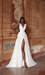 Perfect satin V-neck A-line V-shaped back satin button wedding dresses