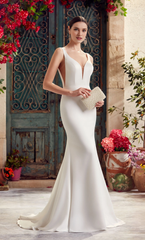 Perfect satin deep V-neck slim fit trumpet shaped backless wedding dresses