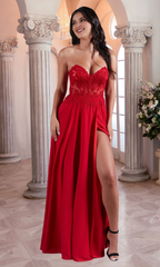 Red strapless transparent tight and floor length Prom dress