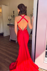 Mermaid V Neck Red Satin Long Prom Dresses