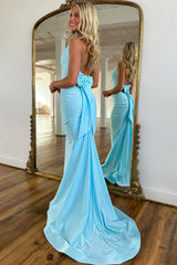 V Neck Aqua Blue Stretch Satin Mermaid Prom Dresses