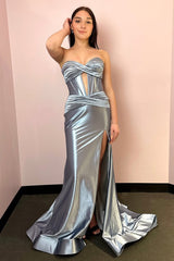 Mermaid Strapless Silver Satin Long Prom Dresses