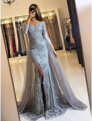 Evening Gown Floral Dress Formal Long Sleeve Off Shoulder Chiffon with Sequin Slit Appliques