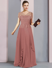 A-Line Mother of the Bride Dress Formal Party Sparkle Shine Elegant V Neck Floor Length Chiffon Sequined Short Sleeve with Pleats Sequin
