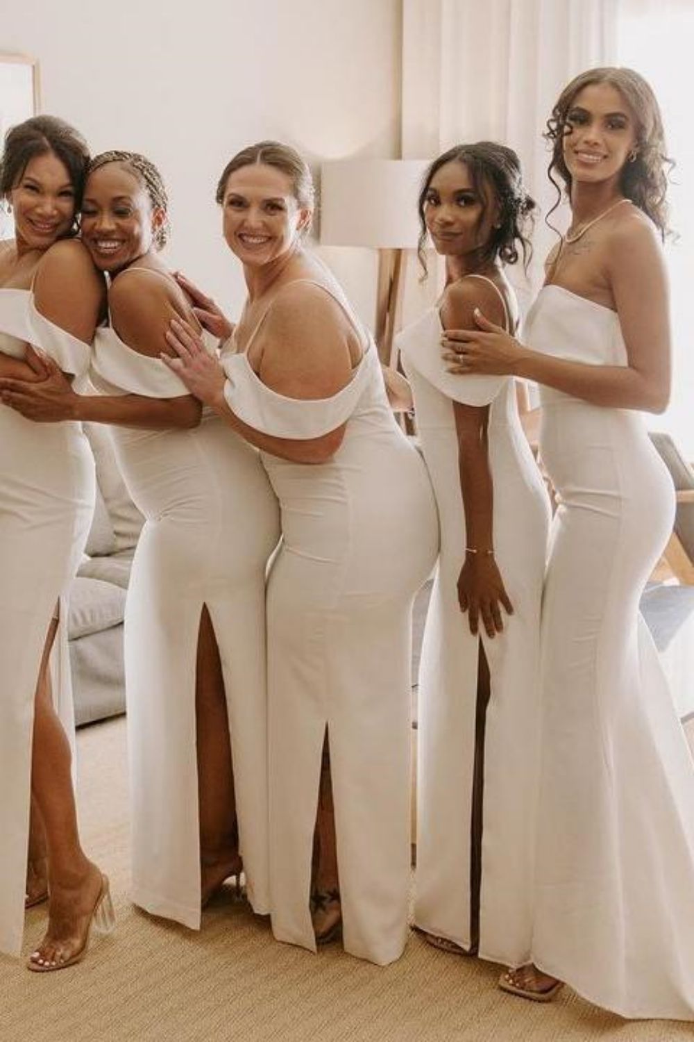 Weitese Classic Sheath Spaghetti Straps White Long Bridesmaid Dress with Split Front