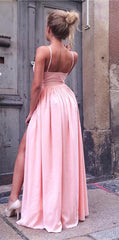 Sexy V-neck Long Pink Satin Prom Dresses With Leg Split