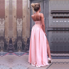 Sexy V-neck Long Pink Satin Prom Dresses With Leg Split
