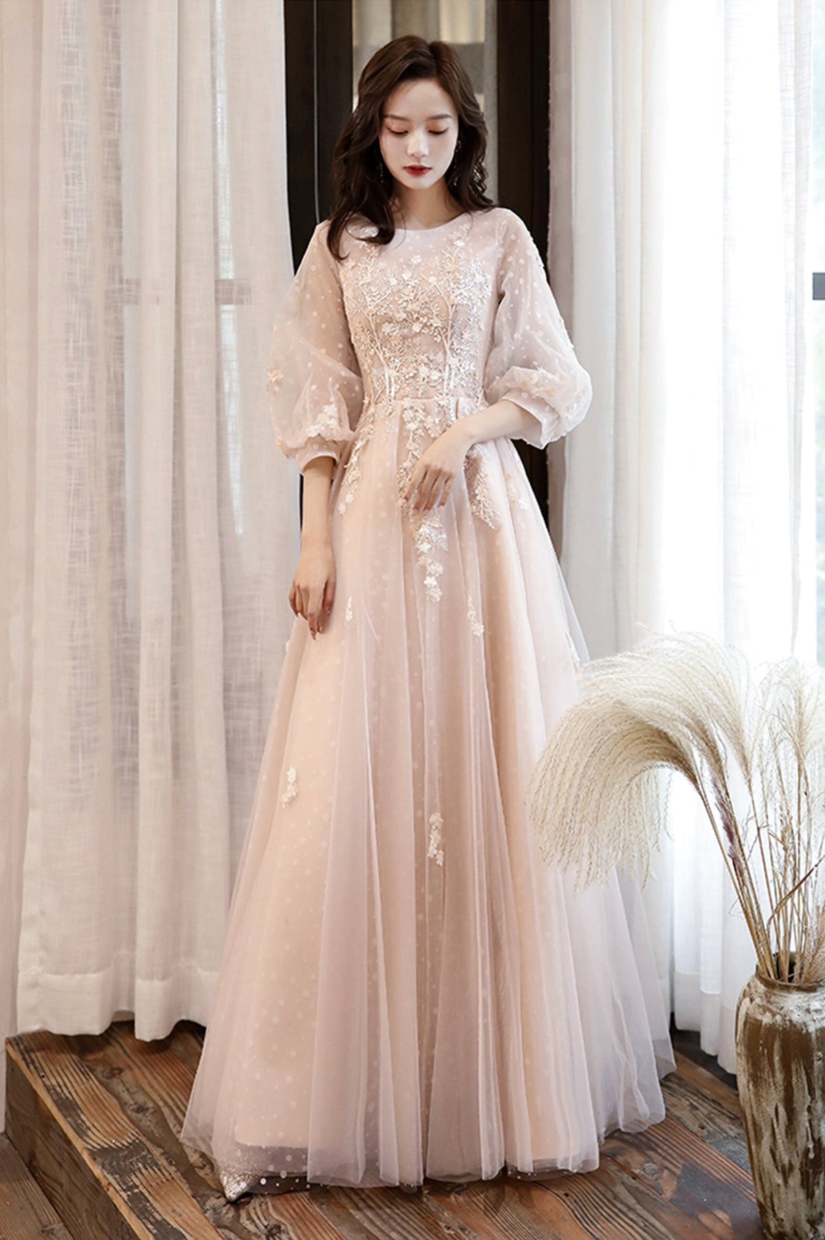 Pink Tulle Lace Long A-Line Prom Dresses, Long Sleeve Evening Dresses
