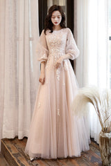 Pink Tulle Lace Long A-Line Prom Dresses, Long Sleeve Evening Dresses