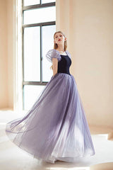 Purple Velvet Tulle Long Prom Dresses, Cute A-Line Evening Dresses
