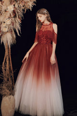 A-Line Ombre Tulle Long Party Dress, Lovely Lace-Up Evening Dress