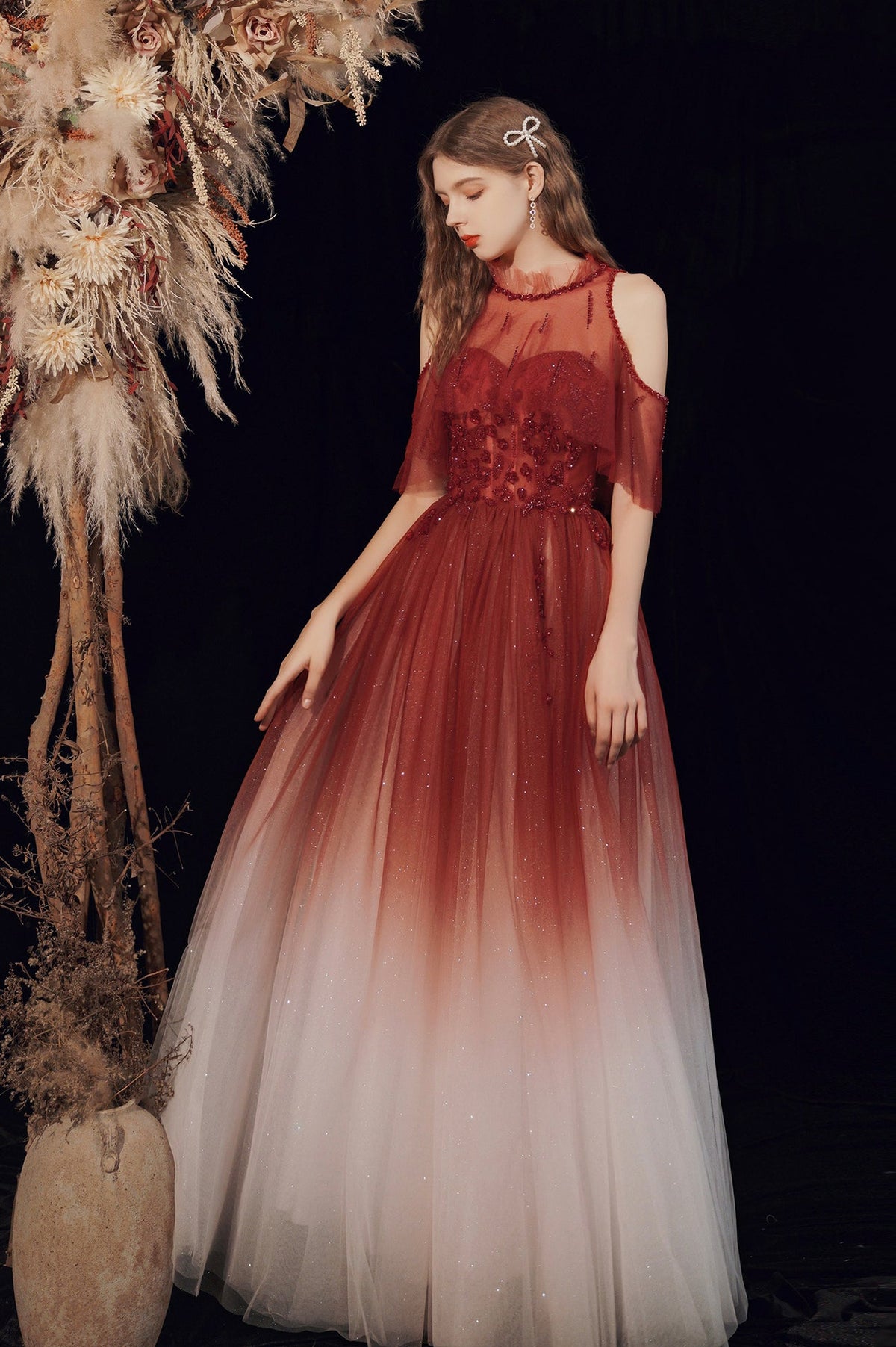 A-Line Ombre Tulle Long Party Dress, Lovely Lace-Up Evening Dress