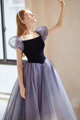 Purple Velvet Tulle Long Prom Dresses, Cute A-Line Evening Dresses