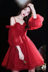 Cute Puff Sleeve Tulle Short Prom Dresses, A-Line Party Dresses