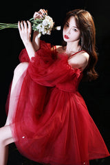 Cute Puff Sleeve Tulle Short Prom Dresses, A-Line Party Dresses